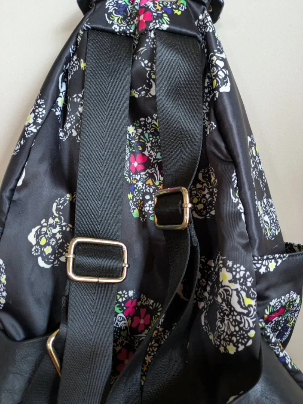 MMS Design Studio Sugar Skull Backpack Black Floral Satin Edgy Gothic #261